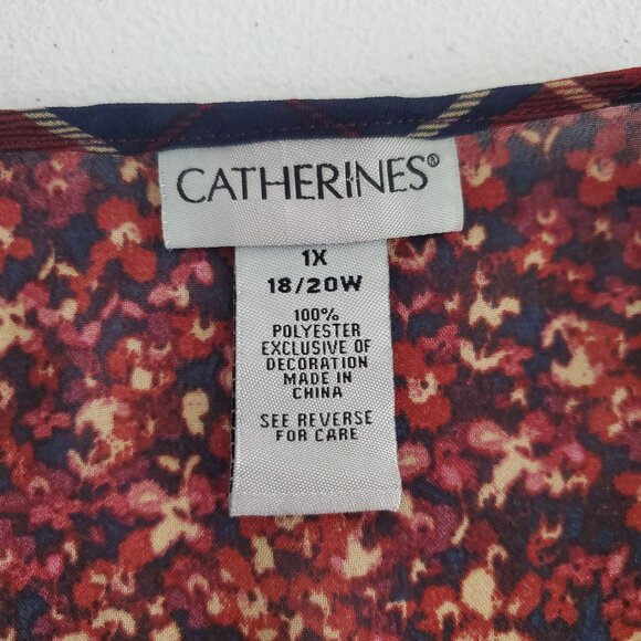 Catherines Womens Red Plaid Floral Semi Sheer Blouse Size 1X 3/4 Sleeve Boho - Picture 3 of 8